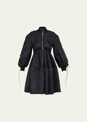Puff-Sleeve Zip Front Bomber Coat with Lacing