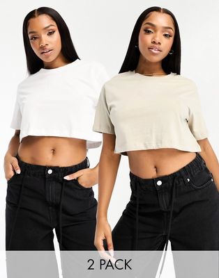 Pull & Bear 2 pack boxy crop t-shirt in white and sand-Neutral
