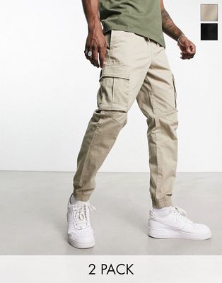 Pull & Bear 2-pack cargo pants in black and beige-Multi