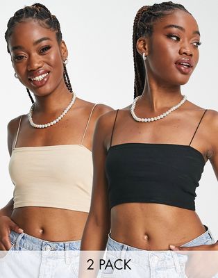 Pull & Bear 2 pack ribbed tube crop top with spaghetti straps in black and beige-Multi