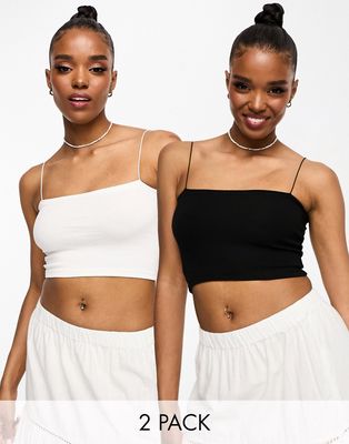 Pull & Bear 2 pack strappy ribbed tube crop top in white & black