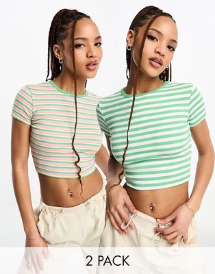 Pull & Bear 2 pack striped baby tee in green