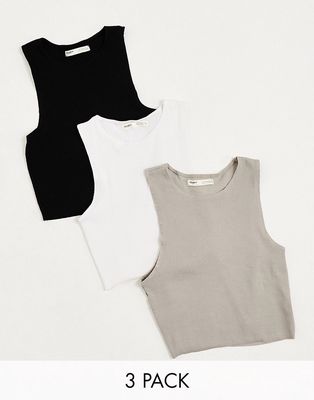 Pull & Bear 3 pack ribbed racer neck cropped top white, black & beige