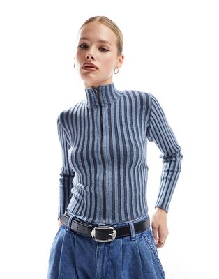Pull & Bear acid wash ribbed long sleeve top in blue