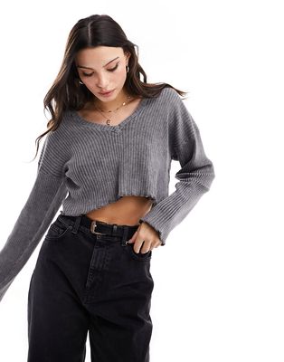 Pull & Bear acid wash ribbed long sleeved top in gray