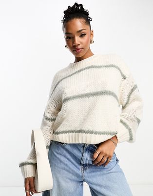 Pull & Bear balloon sleeve stripe sweater in stone-Neutral