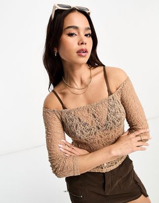 Pull & Bear bardot lace top in pale pink