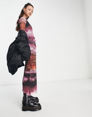 Pull & Bear body-conscious mesh maxi dress in pink landscape print-Multi
