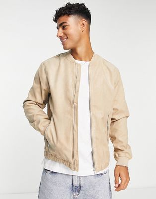 Pull & Bear bomber jacket in beige faux suede-Neutral