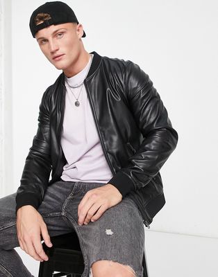 Pull & Bear bomber jacket in black faux leather