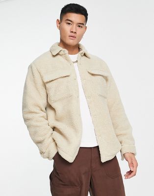 Pull & Bear borg overshirt in beige-Neutral