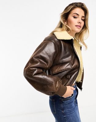 Pull & Bear borg trim cropped faux leather bomber jacket in chocolate brown