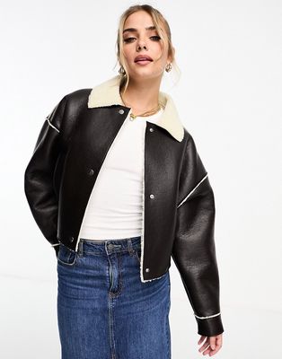 Pull & Bear borg trim faux leather jacket in black