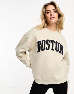 Pull & Bear 'Boston' varsity oversized sweatshirt in sand-Neutral