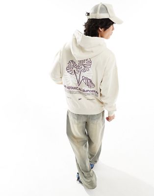 Pull & Bear Botanical printed hoodie in ecru-Neutral