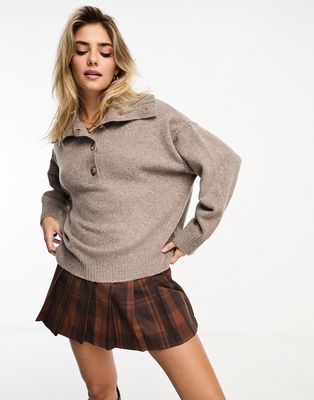 Pull & Bear button detail oversized knitted sweater in taupe brown