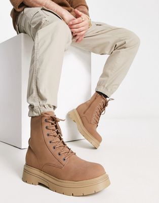 Pull & Bear chunky gum sole boots in tan-Brown