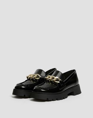 Pull & Bear chunky loafers in black with chain