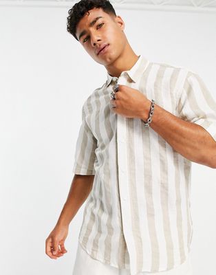Pull & Bear contrast pocket striped shirt in beige-Neutral