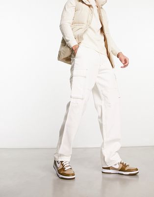 Pull & Bear contrast stitch cargo pants in ecru-White