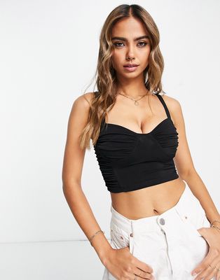 Pull & Bear corset ruched detail cropped cami top in black
