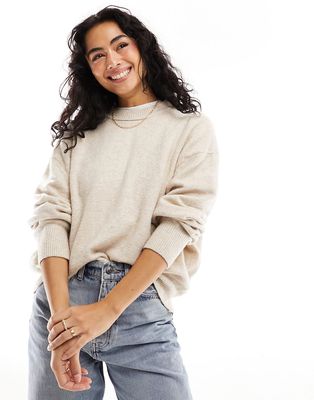 Pull & Bear crew neck soft knit sweater in sand-Neutral