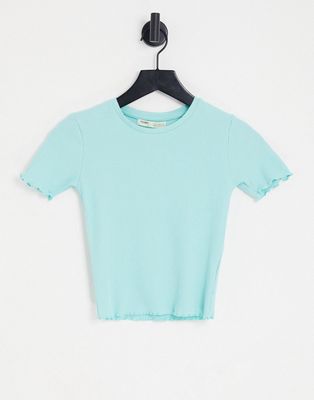 Pull & Bear crop striped T-shirt with lettuce edge in blue-Pink