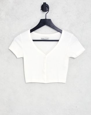 Pull & Bear cropped button down T-shirt in white