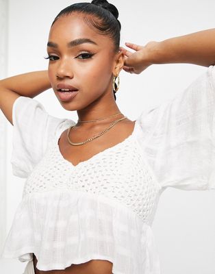 Pull & Bear cropped crochet detail blouse in white