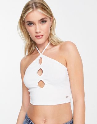 Pull & Bear cropped cut out halterneck top in white