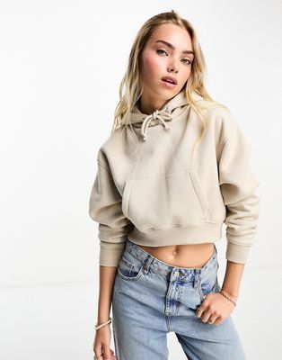 Pull & Bear cropped drawstring hoodie in sand-Neutral