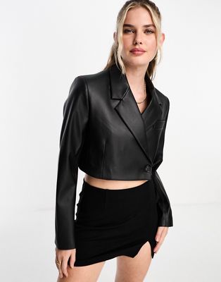 Pull & Bear cropped faux leather blazer in black