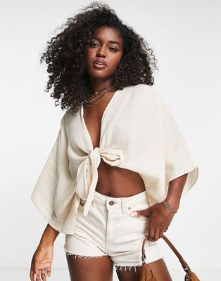 Pull & Bear cropped rustic linen kimono top with tie front detail in ecru-Neutral