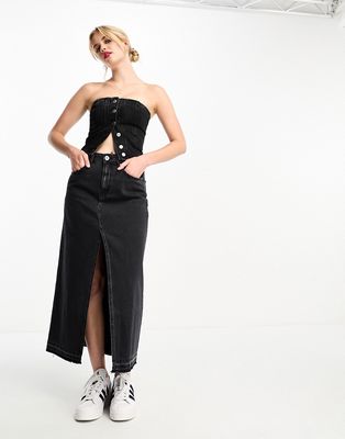 Pull & Bear denim midi skirt with split front in black