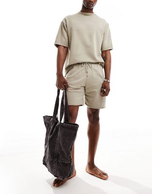 Pull & Bear distressed hem shorts in camel - part of a set-Neutral