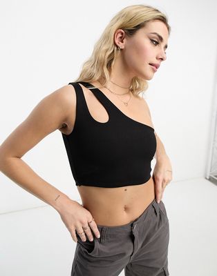 Pull & Bear double strap one shoulder crop top in black