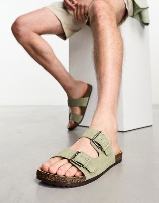 Pull & Bear double strap sandal in light khaki-Green