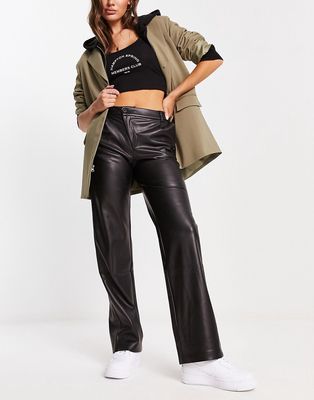 Pull & Bear faux leather contrast stitching mid waist straight leg pants in black - part of a set