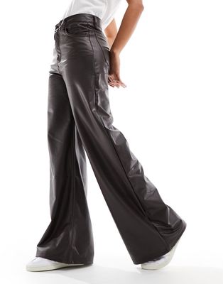 Pull & Bear faux leather high rise wide leg pants in dark brown