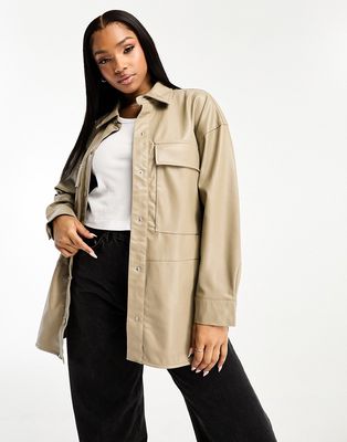 Pull & Bear faux leather overshirt in taupe-Neutral