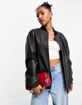 Pull & Bear faux leather oversized bomber jacket in black