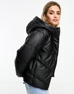 Pull & Bear faux leather puffer jacket with hood in black