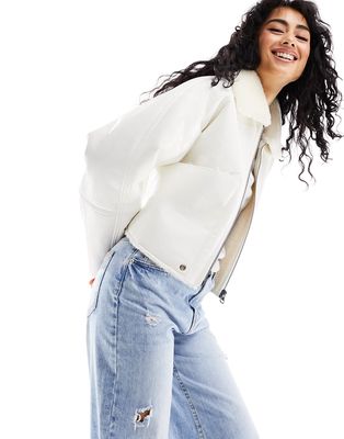 Pull & Bear faux leather shearling detail jacket with shiny finish in white