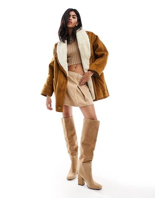Pull & Bear faux suede shearling detail coat in tobacco brown
