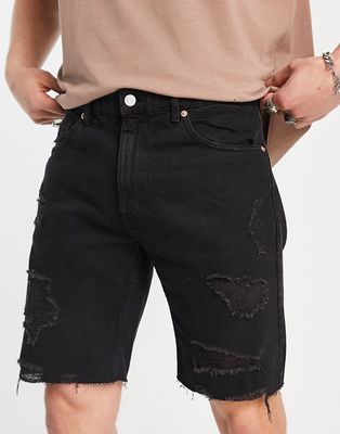 Pull & Bear garment dyed denim shorts in black