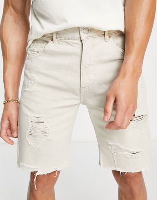 Pull & Bear garment dyed denim shorts in stone-Neutral