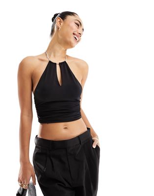 Pull & Bear halterneck top with diamante strap detail in black