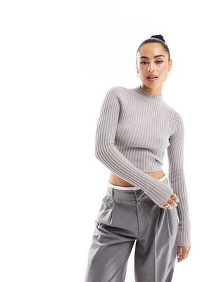 Pull & Bear high neck ribbed cropped sweater with tie back detail in gray