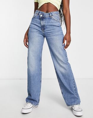 Pull & Bear high rise jeans with cross over waist in light blue