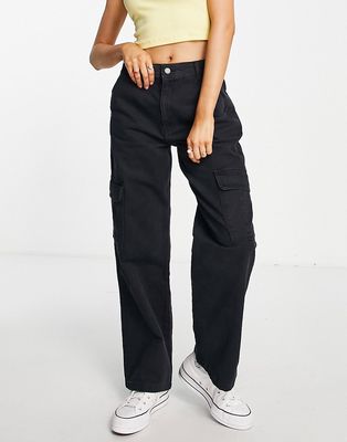 Pull & Bear high waist straight leg cargo pants in black